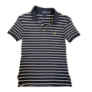 Polo Ralph Lauren Womens XS Slim Fit Navy Blue White Striped Short Sleeve Polo